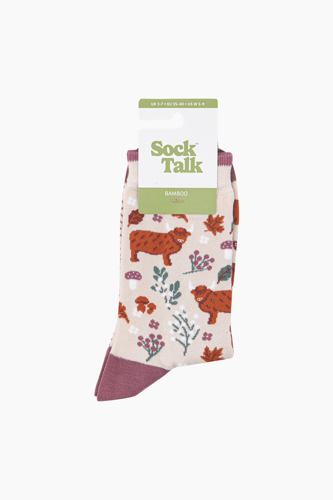 Highland-Cow-Floral-Women's-Bamboo-Socks-in-Cream-In-Packaging