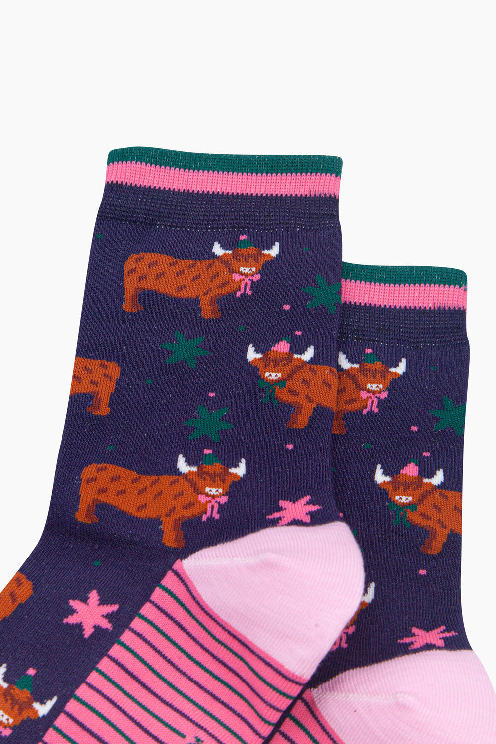 Party-Highland-Cow-Women's-Bamboo-Socks-in-Navy-Blue-Close-Up