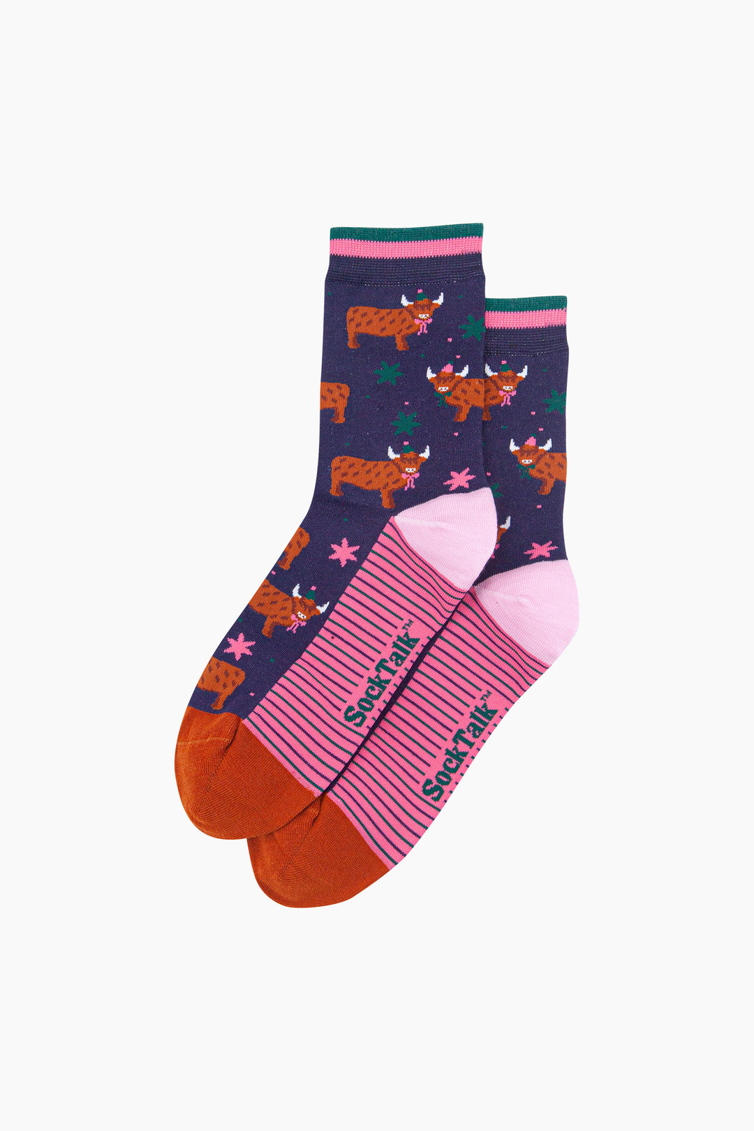Party-Highland-Cow-Women's-Bamboo-Socks-in-Navy-Blue-Laid-Flat