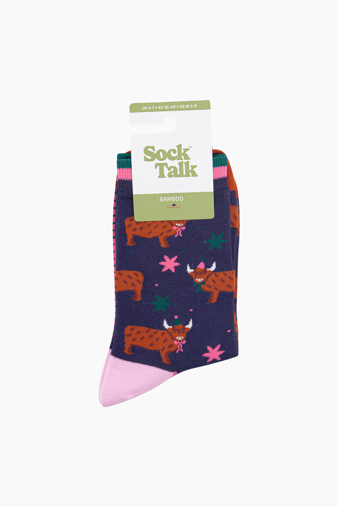 Party-Highland-Cow-Women's-Bamboo-Socks-in-Navy-Blue-In-Packaging