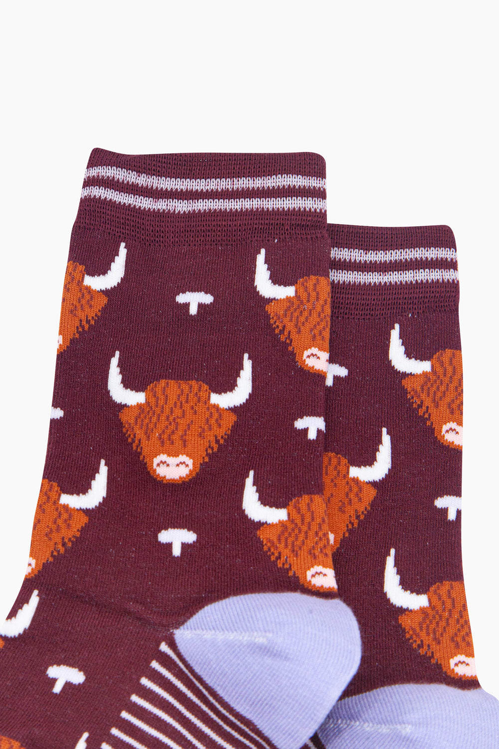 Highland-Cow-Women's-Bamboo-Socks-in-Burgundy-Close-Up