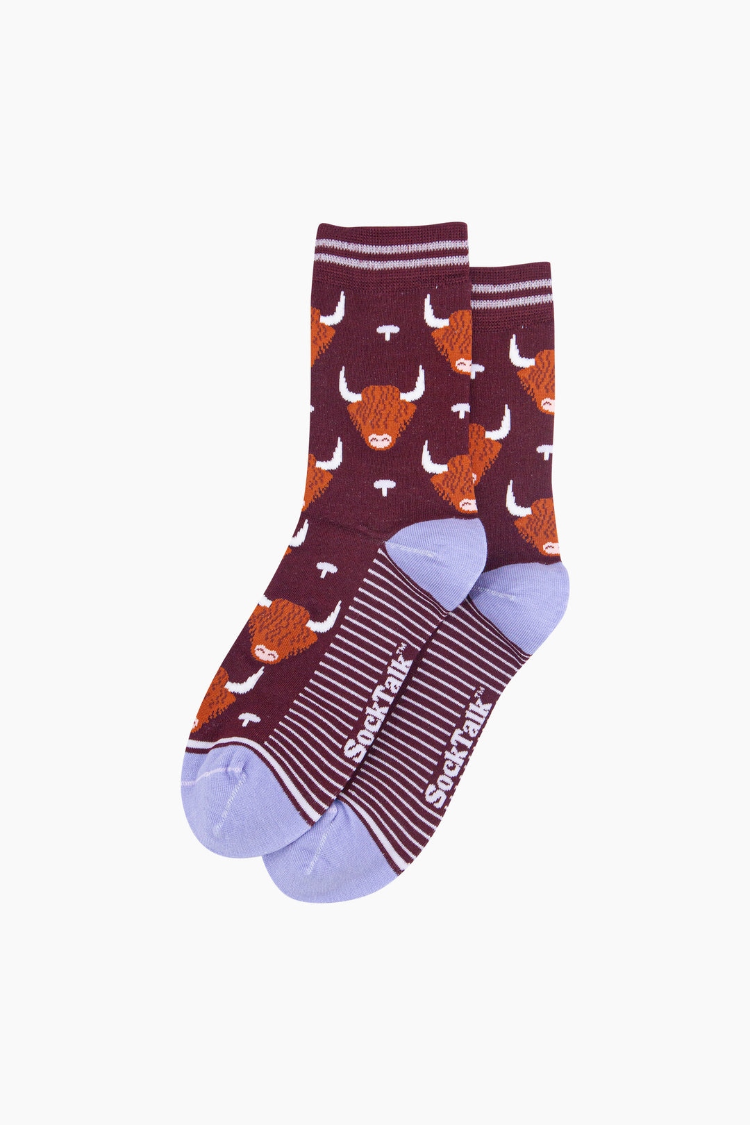 Highland-Cow-Women's-Bamboo-Socks-in-Burgundy-Laid-Flat