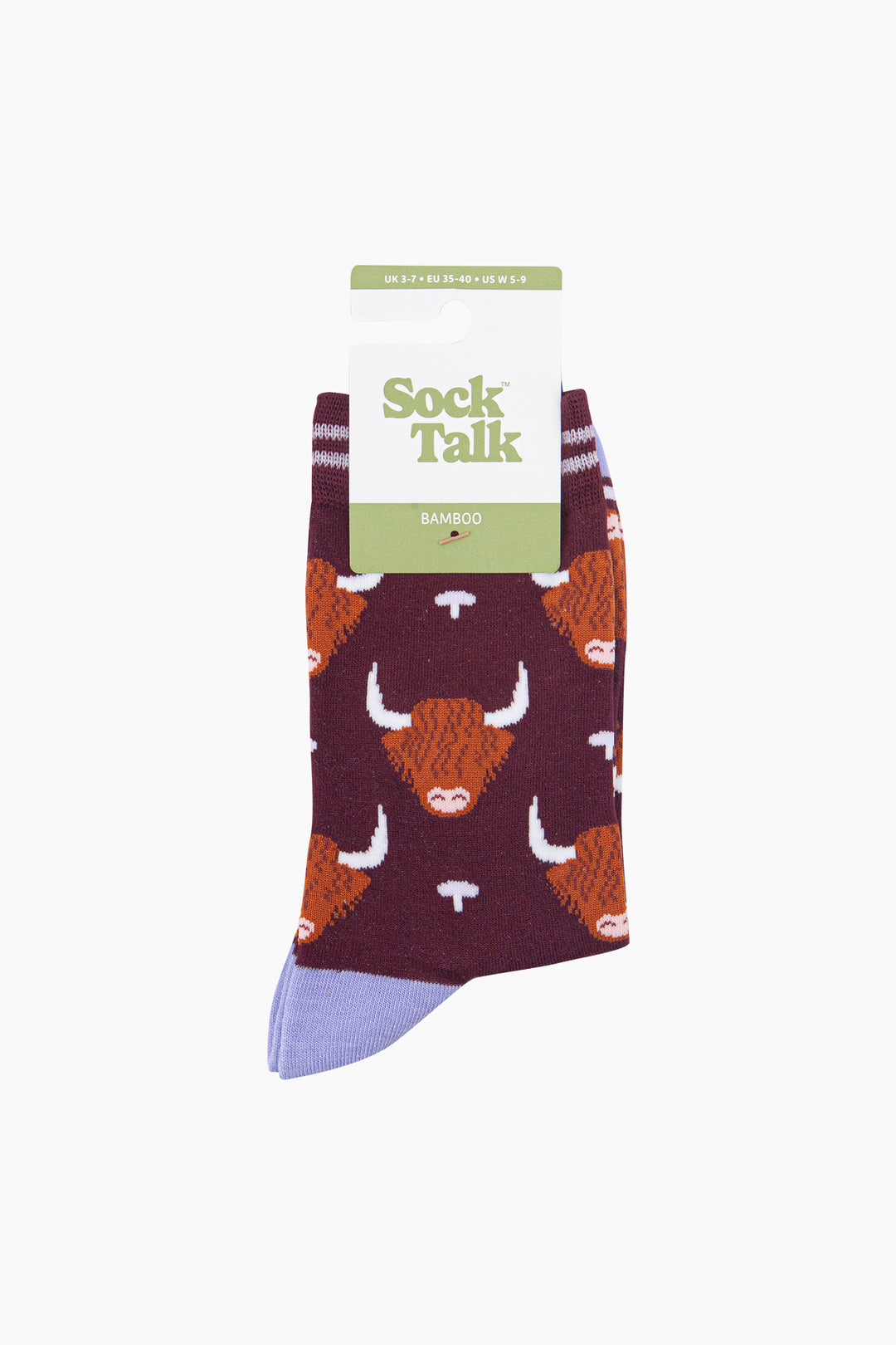 Highland-Cow-Women's-Bamboo-Socks-in-Burgundy-In-Packaging