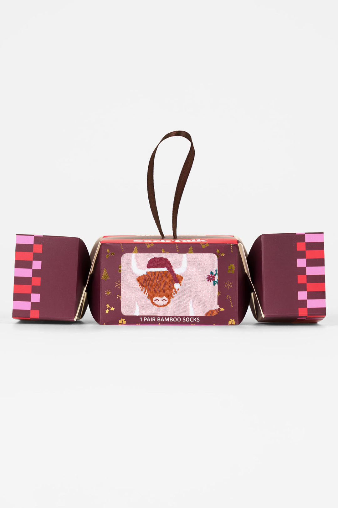 Santa-Highland-Cow-Bamboo-Crew-Socks-Christmas-Cracker-Gift-Box-in-Pink