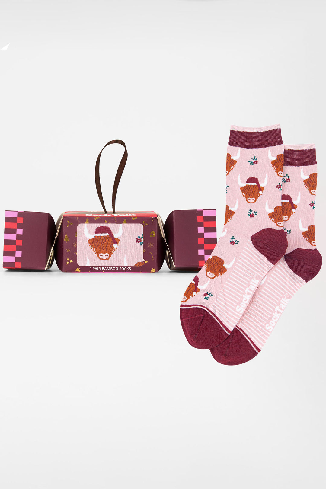 Santa-Highland-Cow-Bamboo-Crew-Socks-Christmas-Cracker-Gift-Box-in-Pink