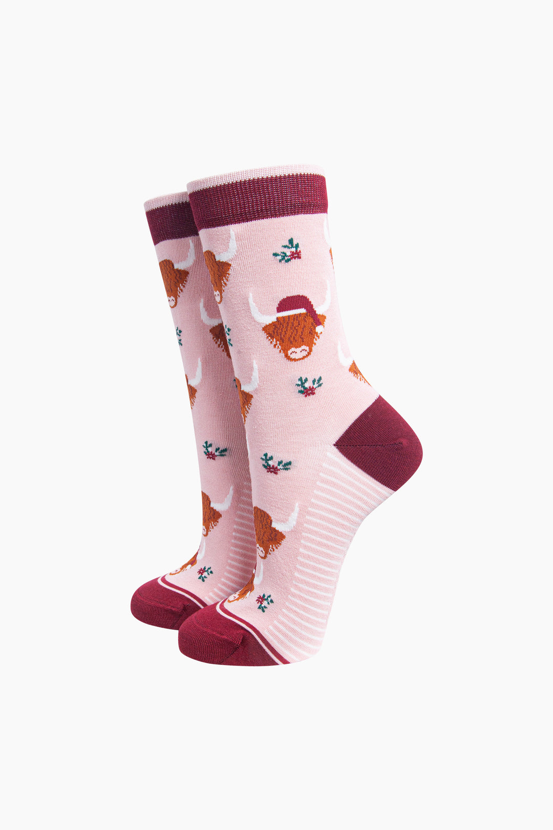 Christmas Highland Cow  Women's Bamboo Socks in Soft Pink