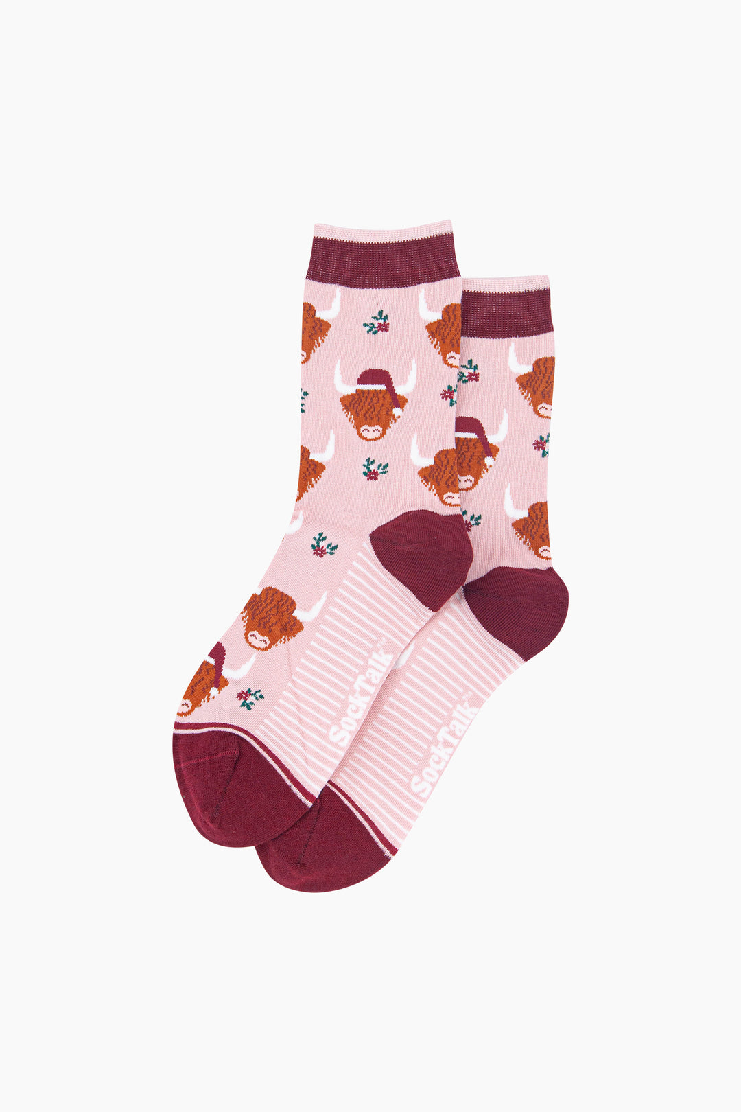 Christmas-Highland-Cow-Women's-Bamboo-Socks-in-Soft-Pink-Laid-Flat