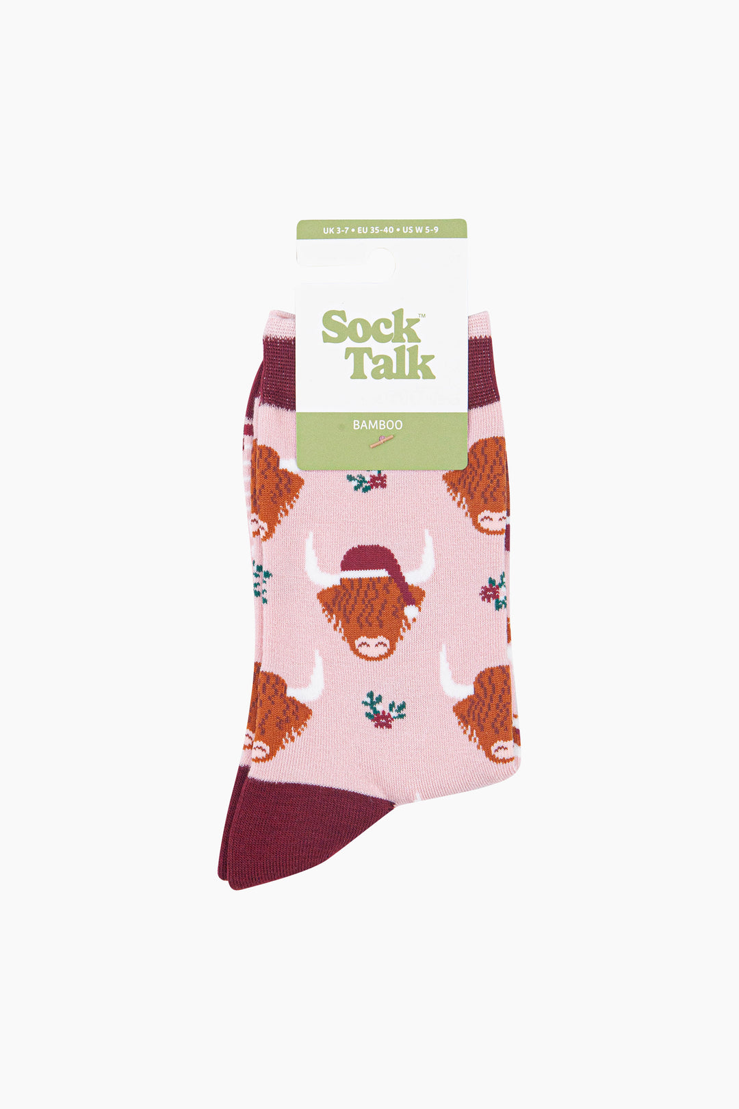 Christmas-Highland-Cow-Women's-Bamboo-Socks-in-Soft-Pink-In-Packaging