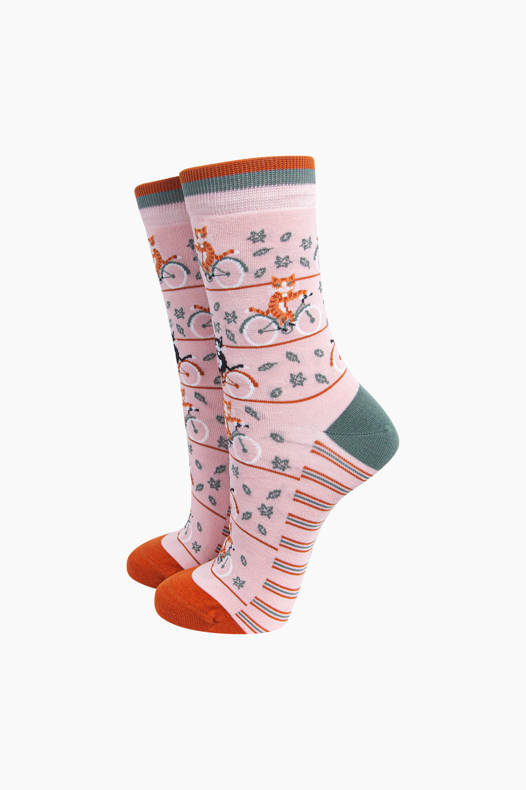 Cycling-Cat-Women's-Bamboo-Socks-in-Soft-Pink-On-Mannequin