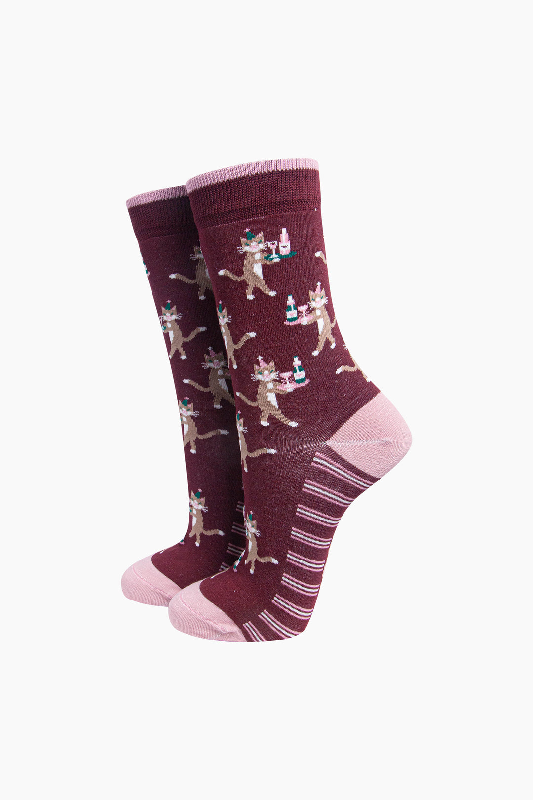Party-Cat-Women's-Bamboo-Socks-in-Burgundy-On-Mannequin