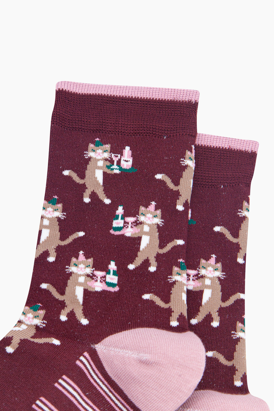 Party-Cat-Women's-Bamboo-Socks-in-Burgundy-Close-Up