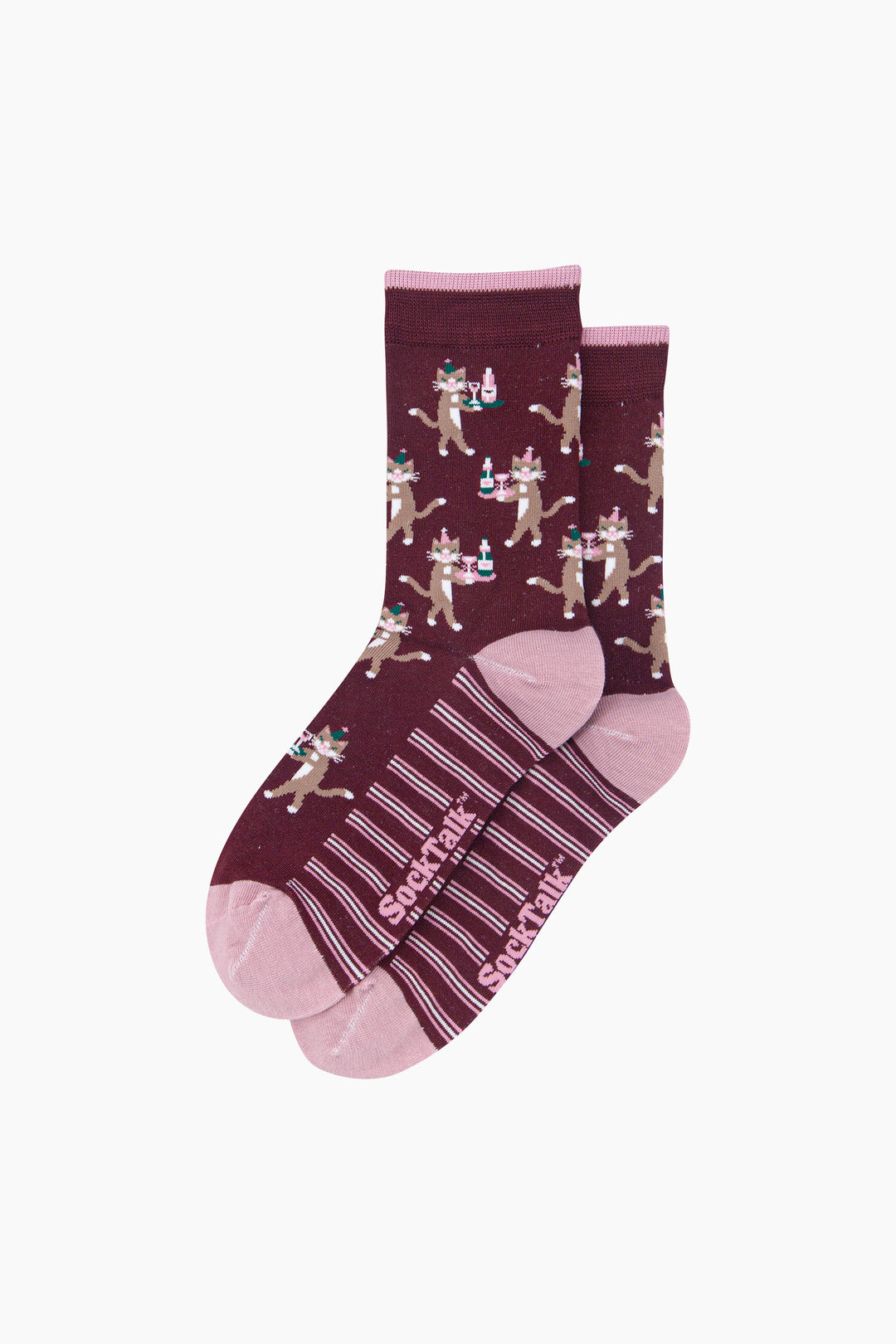 Party-Cat-Women's-Bamboo-Socks-in-Burgundy-Laid-Flat