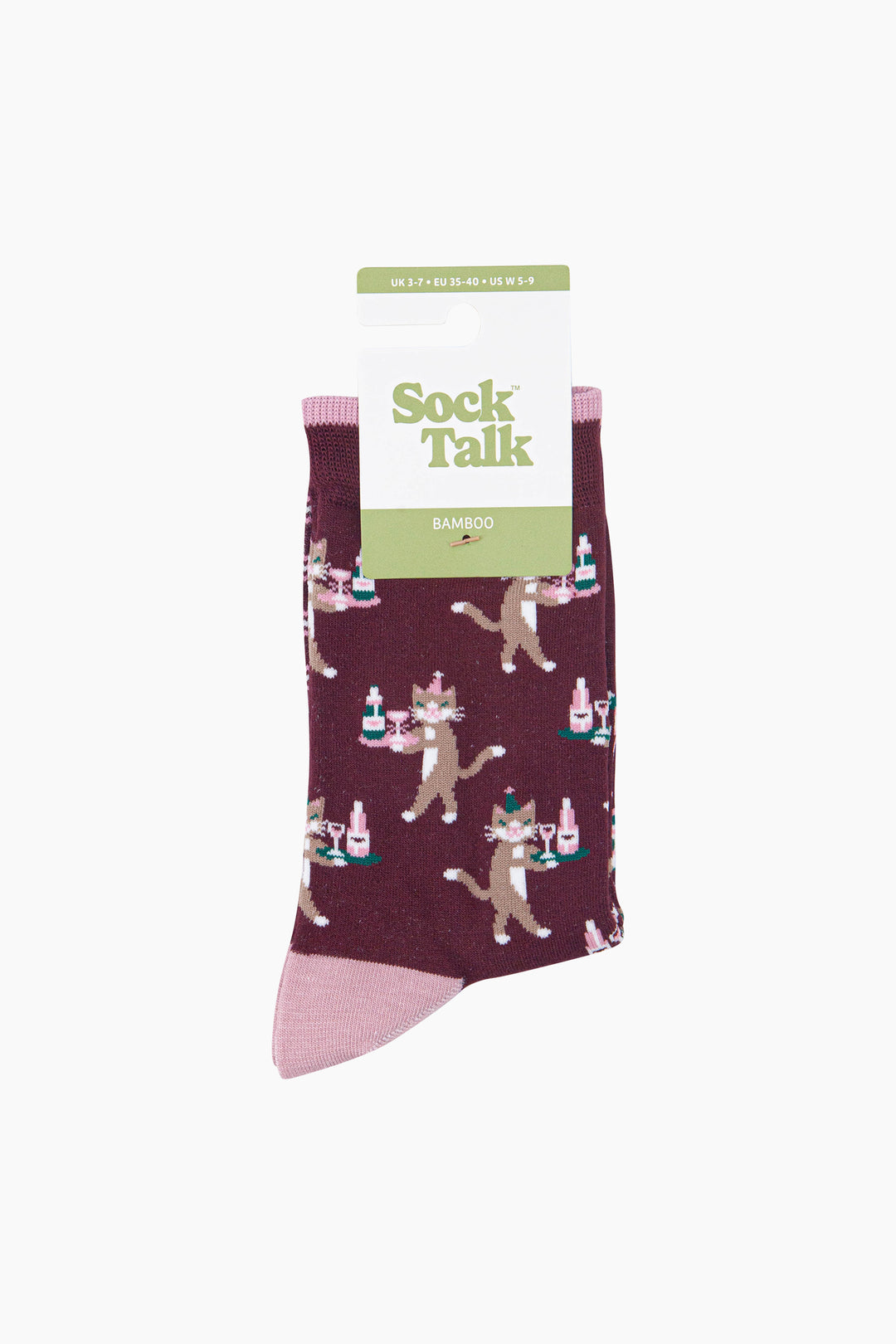 Party-Cat-Women's-Bamboo-Socks-in-Burgundy-In-Packaging