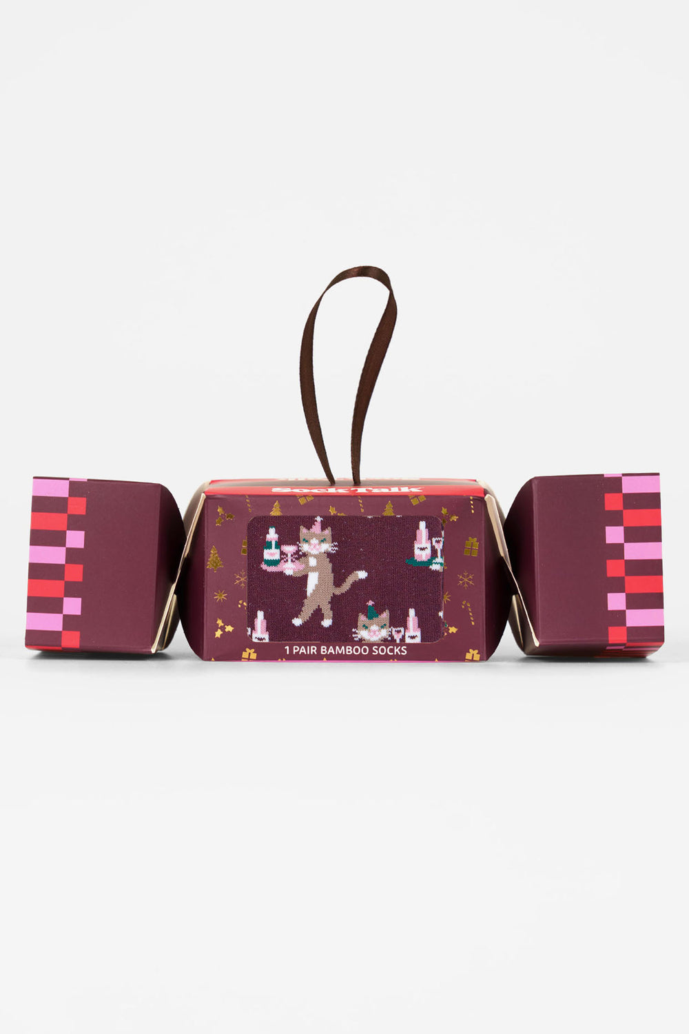 Champagne-Cats-Bamboo-Crew-Socks-Christmas-Cracker-Gift-Box-in-Berry