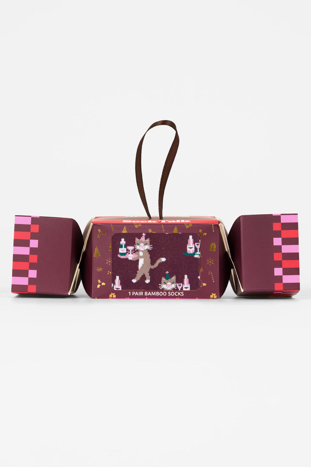 Champagne-Cats-Bamboo-Crew-Socks-Christmas-Cracker-Gift-Box-in-Berry