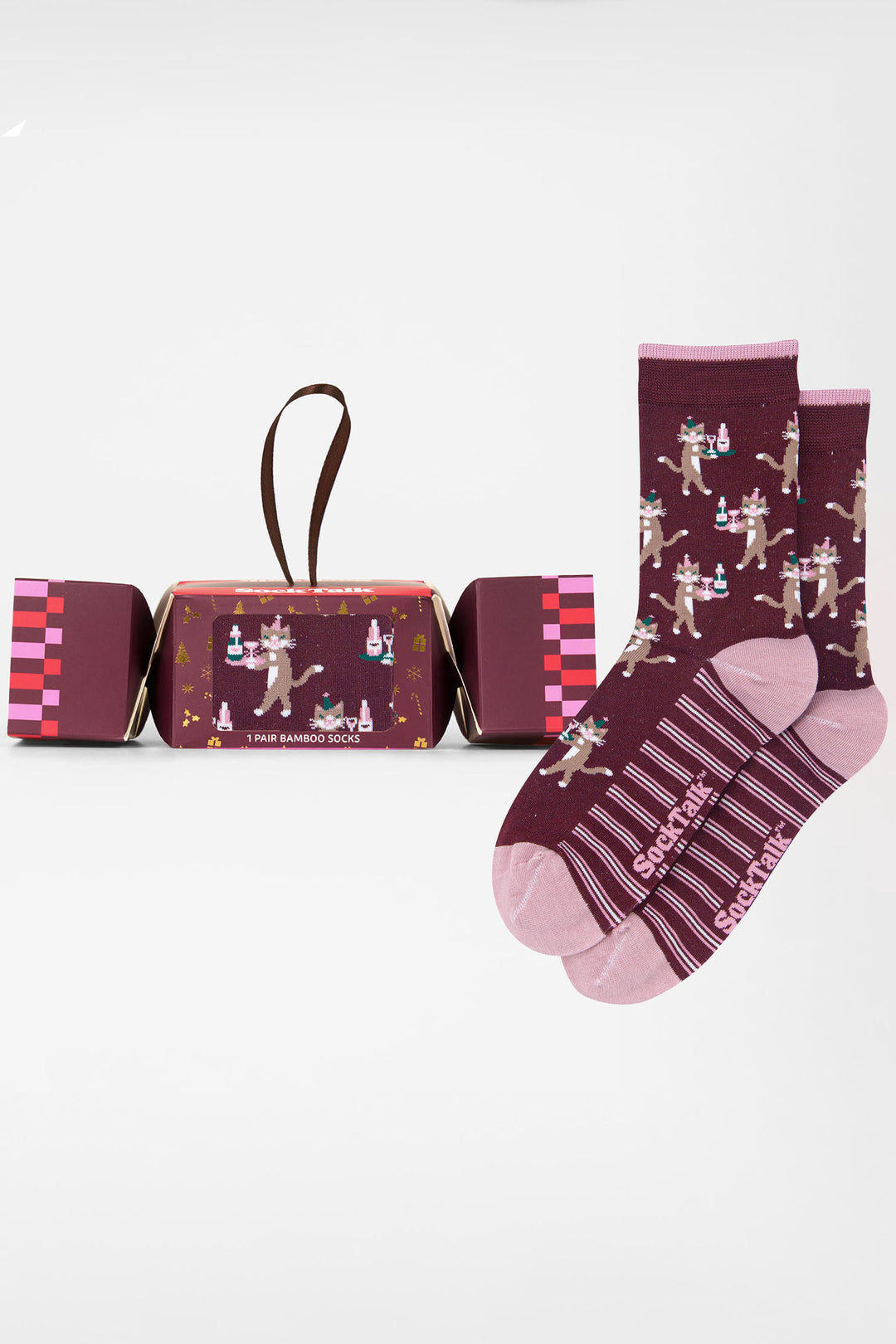 Champagne-Cats-Bamboo-Crew-Socks-Christmas-Cracker-Gift-Box-in-Berry