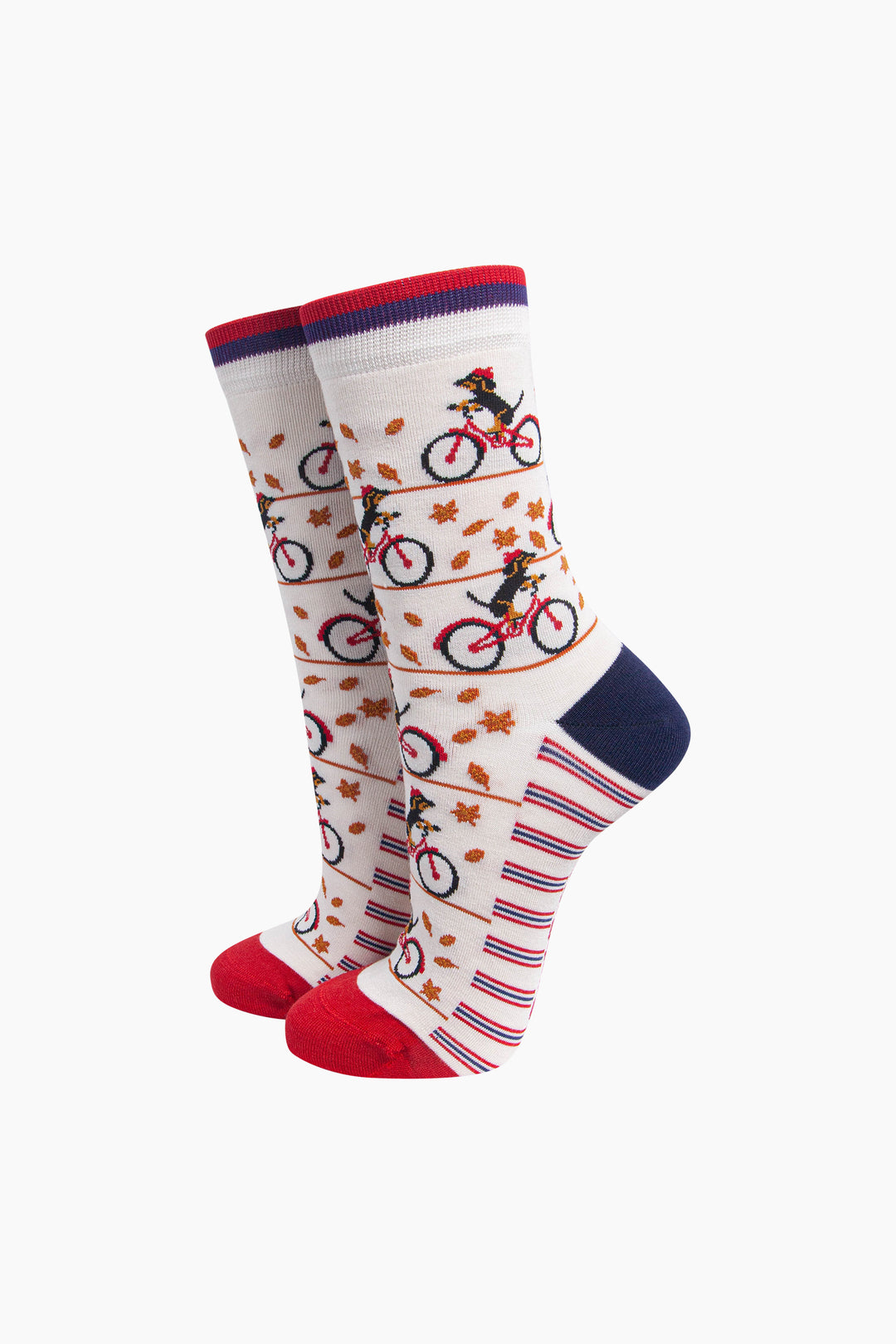 Cycling-Sausage-Dog-Women's-Bamboo-Socks-in-Cream-On-Mannequin