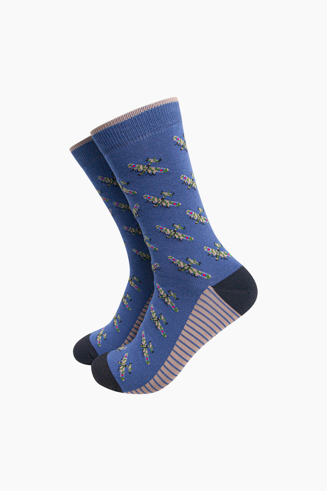 Vintage-Planes-Men's-Bamboo-Socks-in-Denim-Blue-On-Mannequin