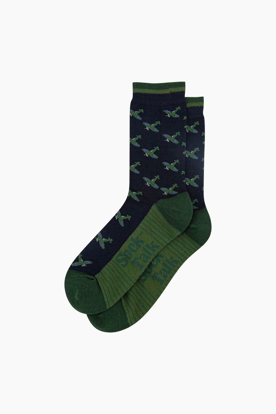 Vintage-Airplanes-Bamboo-Socks-in-Navy-Blue-Lying-Flat
