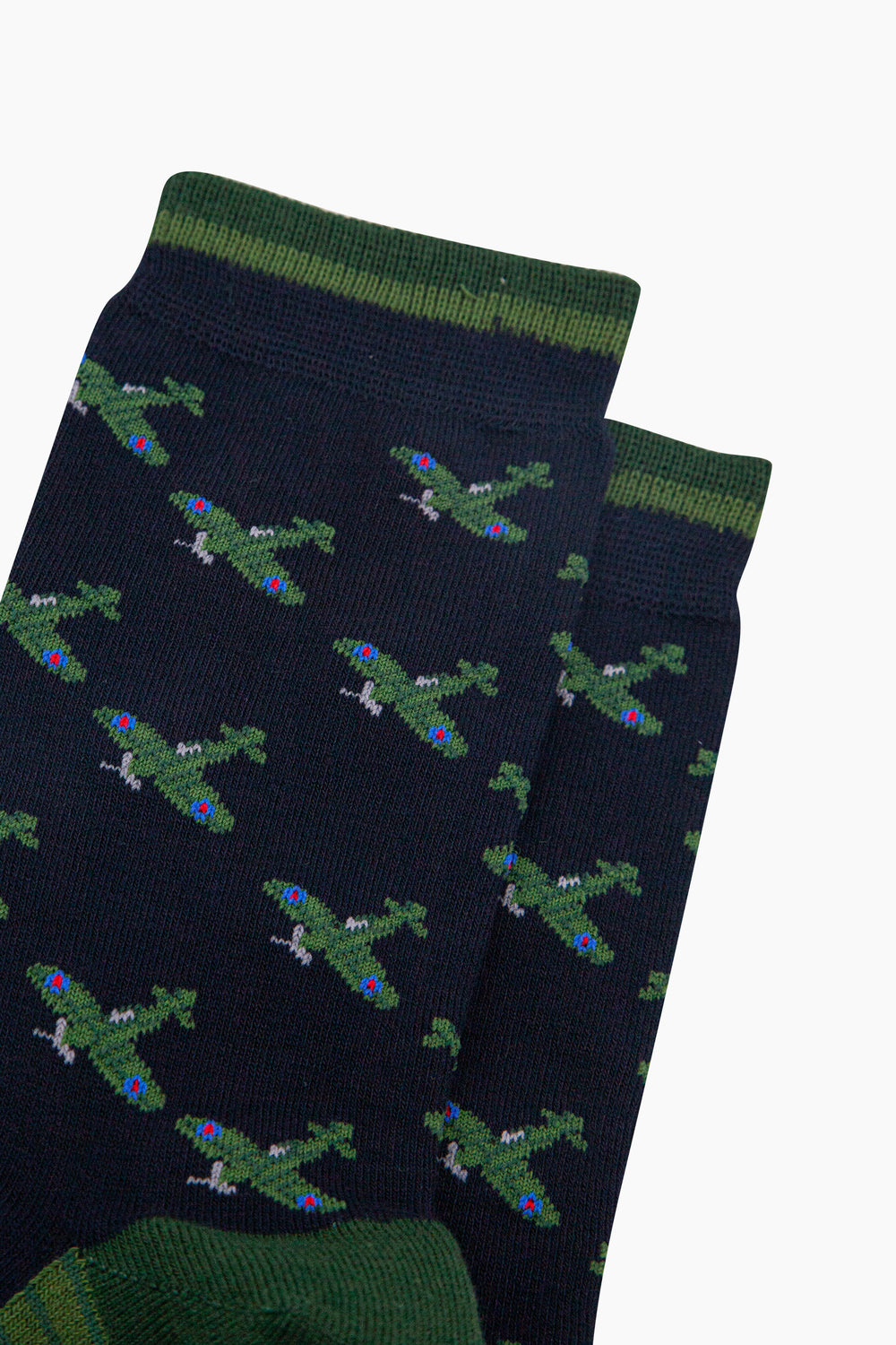 Vintage-Airplanes-Bamboo-Socks-in-Navy-Blue-Closeup