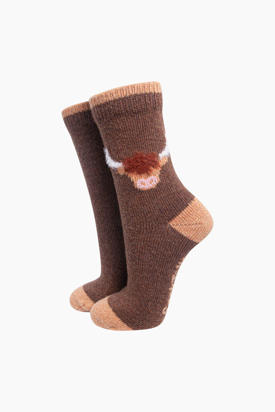 Highland-Cow-Wool-Fluffy-Element-Socks-in-Brown-On-Mannequin