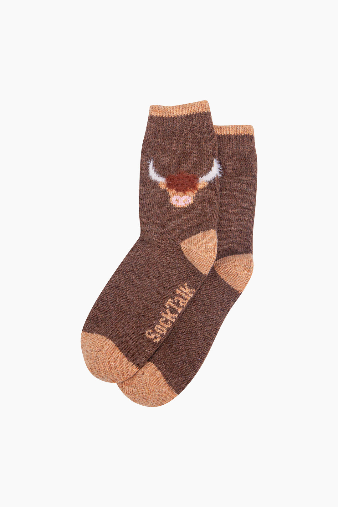Highland-Cow-Wool-Fluffy-Element-Socks-in-Brown-Laid-Flat