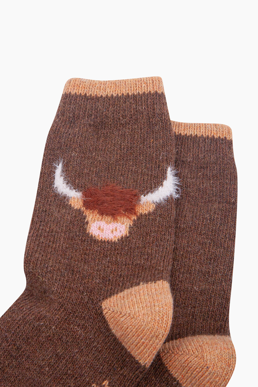 Highland-Cow-Wool-Fluffy-Element-Socks-in-Brown-Laid-Flat