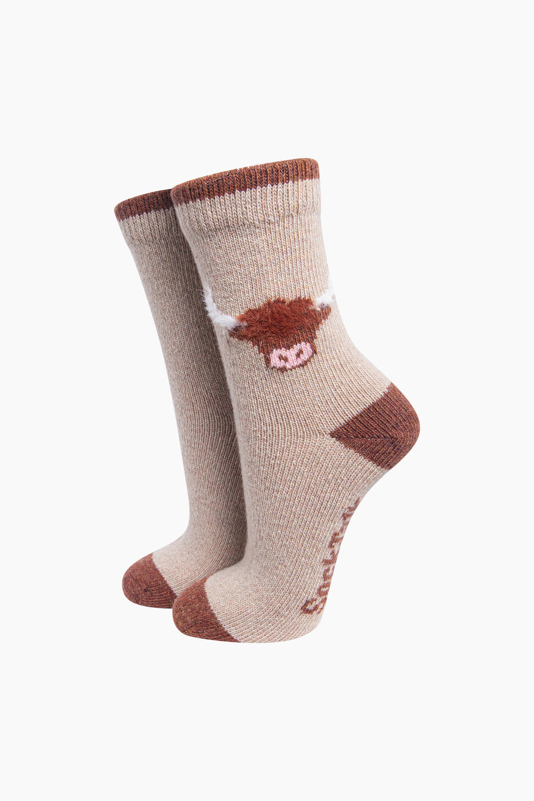 Highland-Cow-Wool-Fluffy-Element-Socks-in-Oatmeal-On-Mannequin