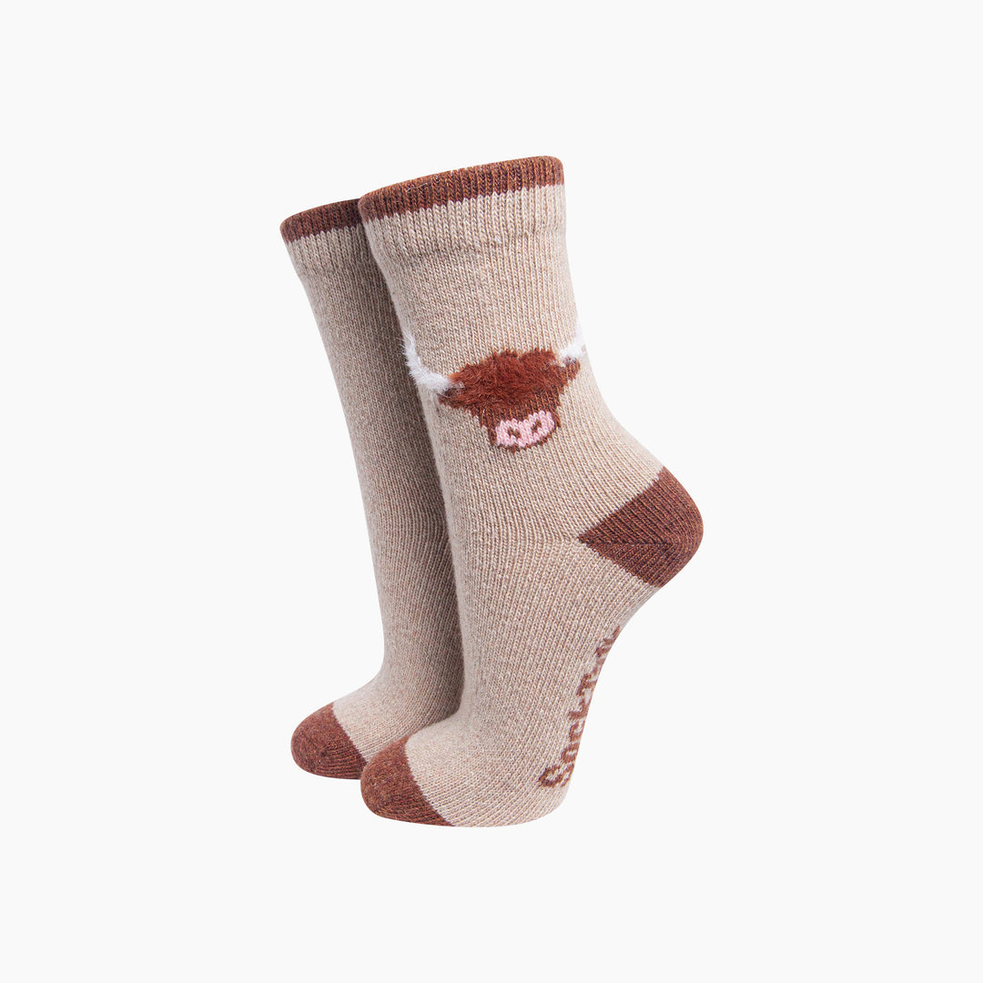 Highland-Cow-Wool-Fluffy-Element-Socks-in-Oatmeal-On-Mannequin