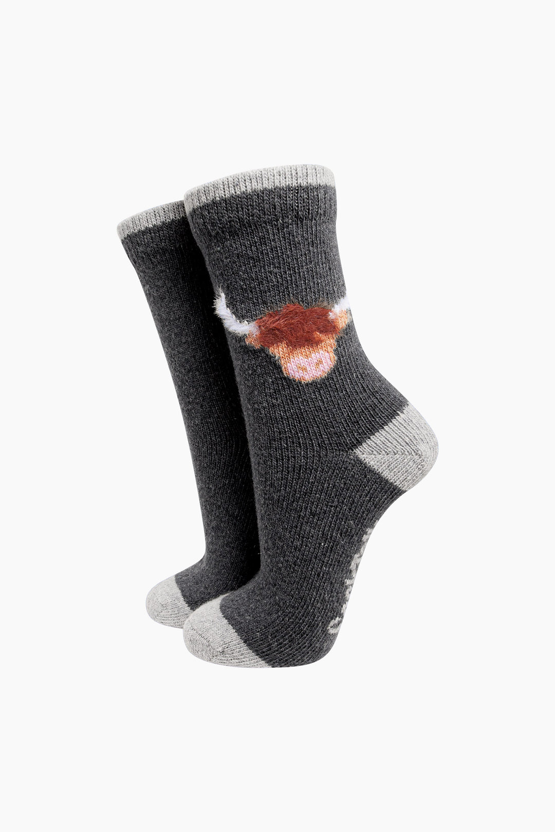 Highland-Cow-Wool-Fluffy-Element-Socks-in-Dark-Grey-Marl-On-Mannequin