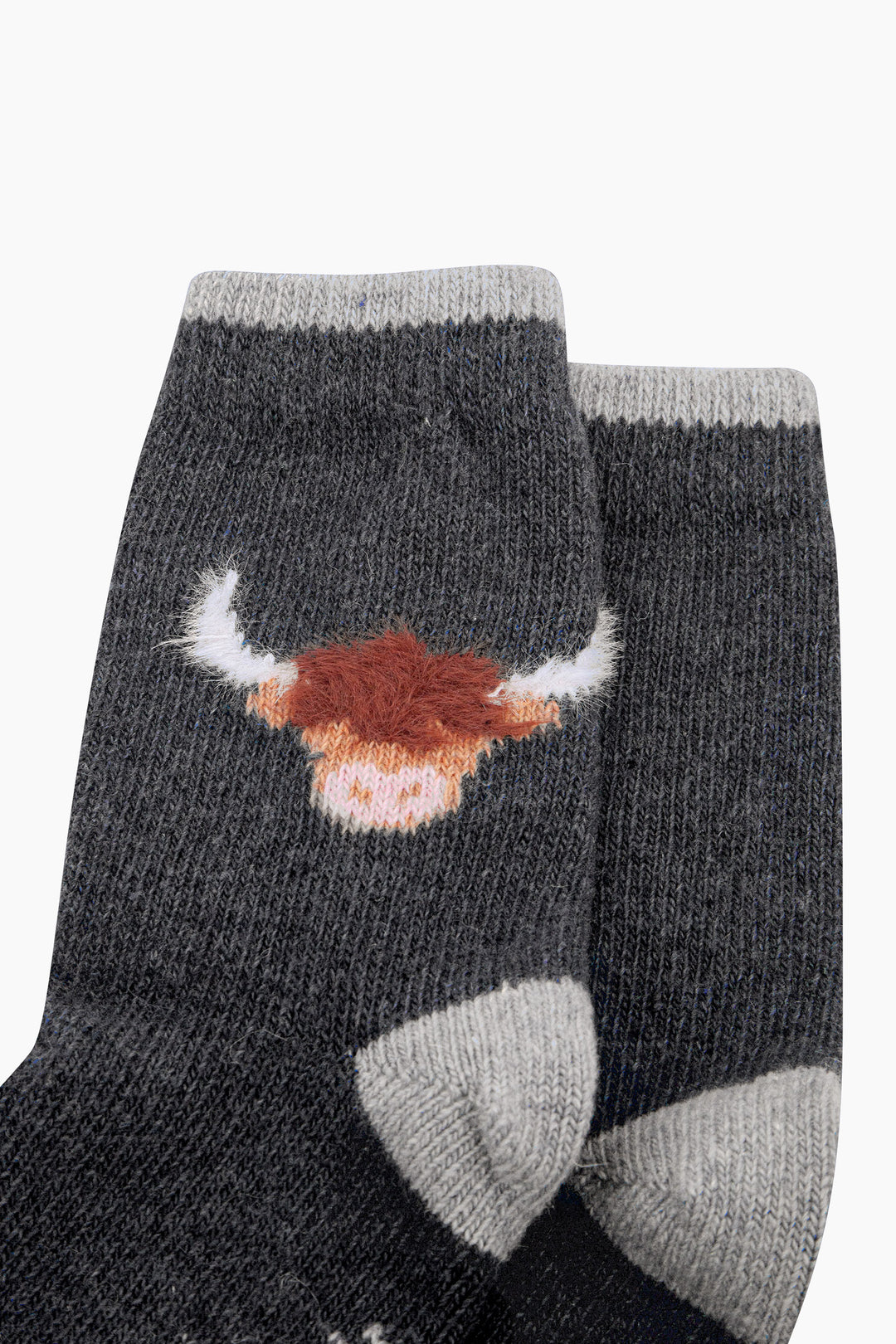 Highland-Cow-Wool-Fluffy-Element-Socks-in-Dark-Grey-Marl-Close-Up