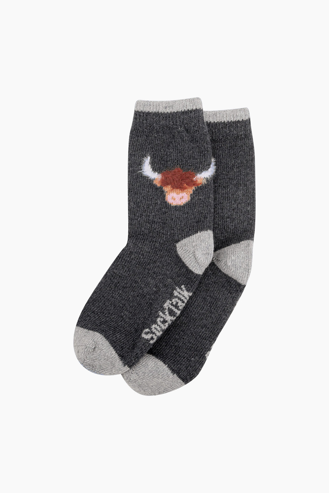 Highland-Cow-Wool-Fluffy-Element-Socks-in-Dark-Grey-Marl-Laid-Flat