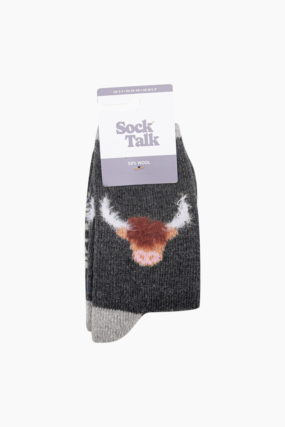 Highland-Cow-Wool-Fluffy-Element-Socks-in-Dark-Grey-Marl-In-Packaging