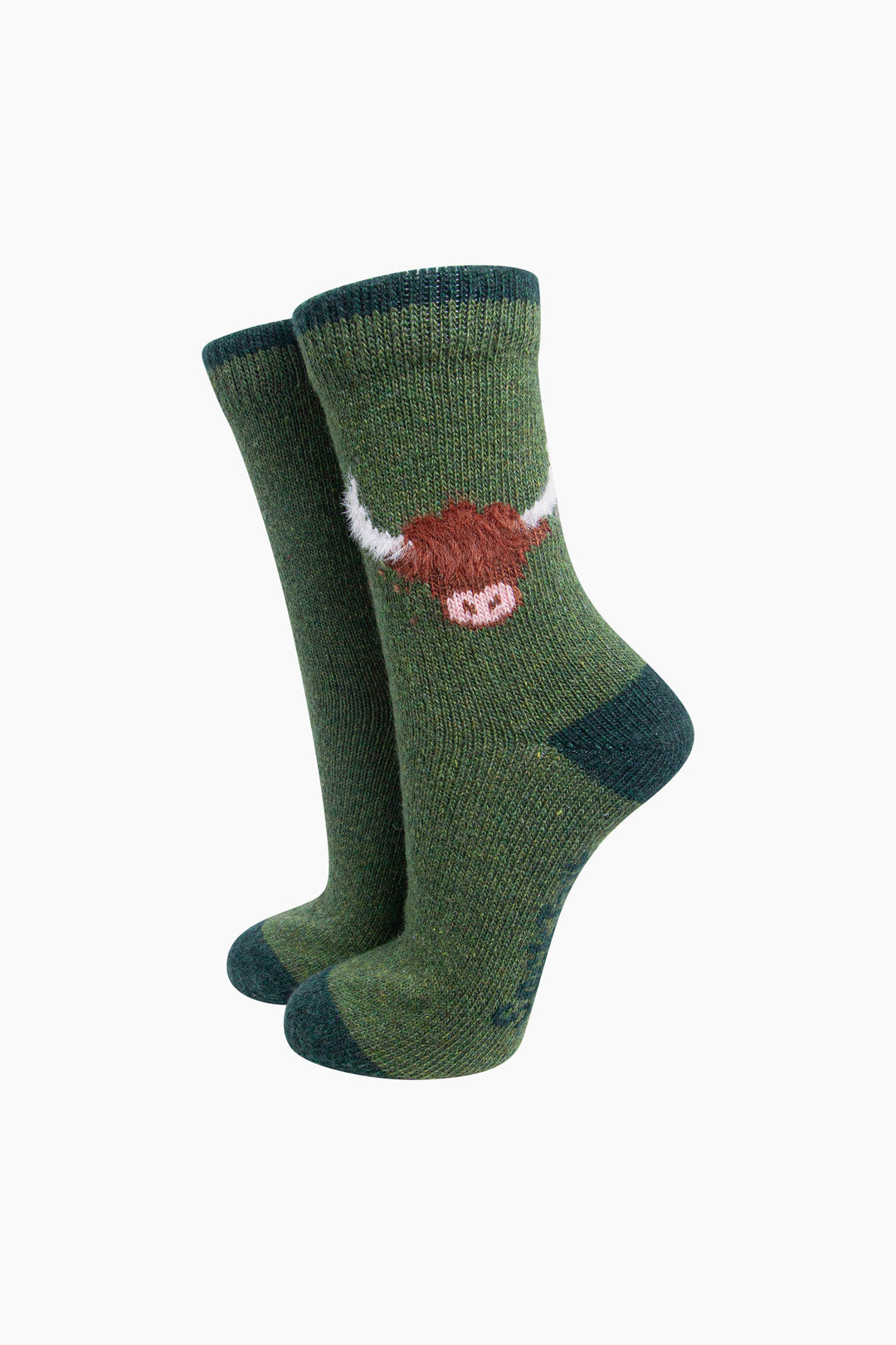 Highland-Cow-Wool-Fluffy-Element-Socks-in-Green-On-Mannequin