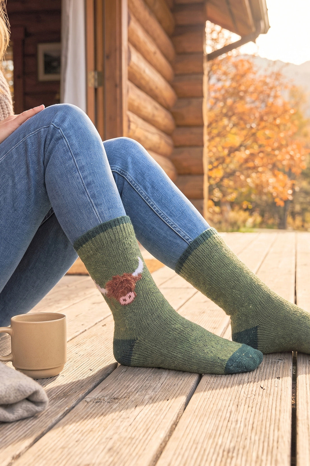 Highland-Cow-Wool-Fluffy-Element-Socks-in-Green