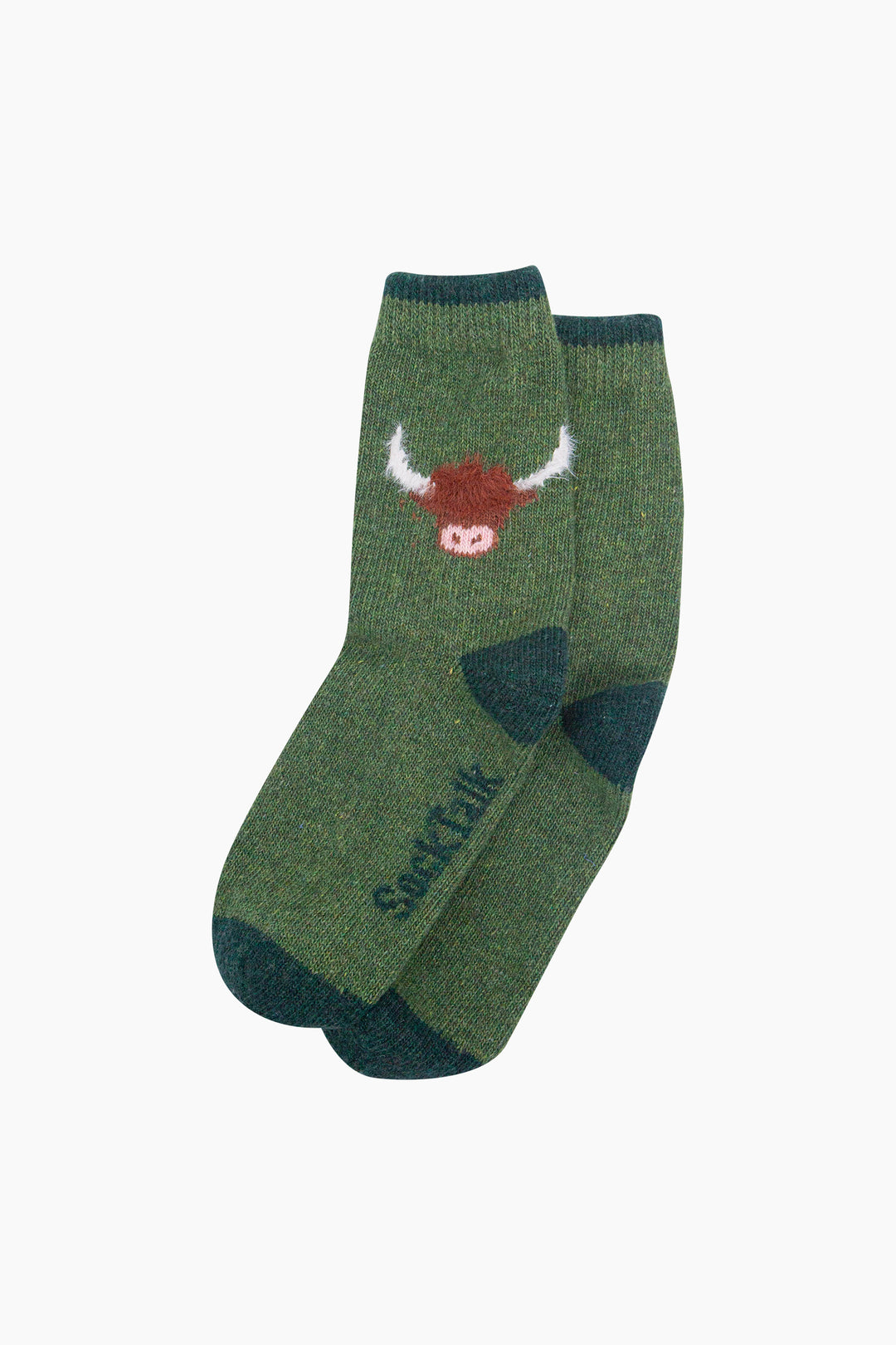 Highland-Cow-Wool-Fluffy-Element-Socks-in-Green-Laid-Flat