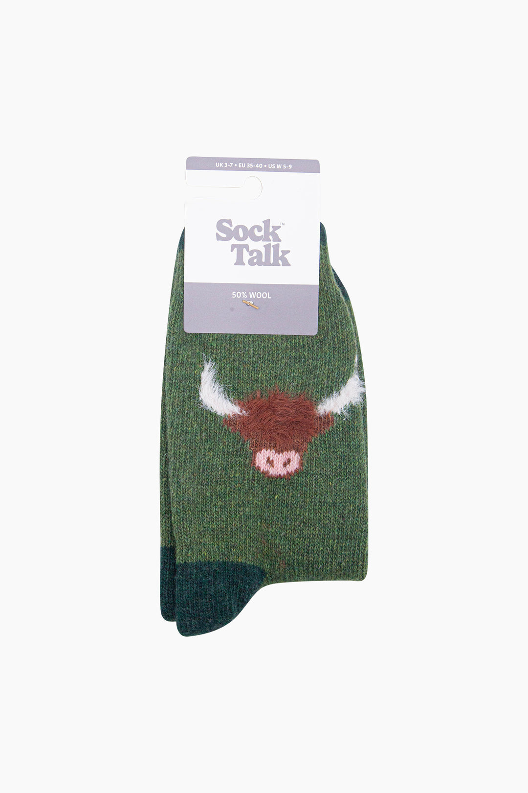 Highland-Cow-Wool-Fluffy-Element-Socks-in-Green-In-Packaging
