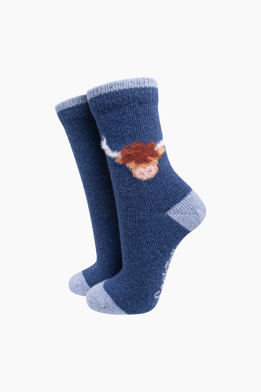 Highland-Cow-Wool-Fluffy-Element-Socks-in-Blue-On-Mannequin