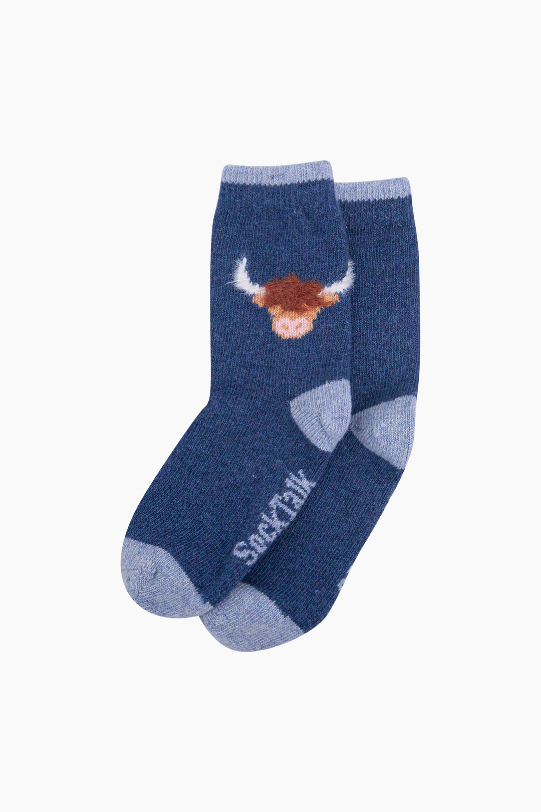 Highland-Cow-Wool-Fluffy-Element-Socks-in-Blue-Laid-Flat