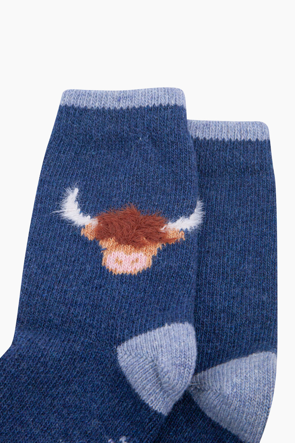 Highland-Cow-Wool-Fluffy-Element-Socks-in-Blue-Close-Up