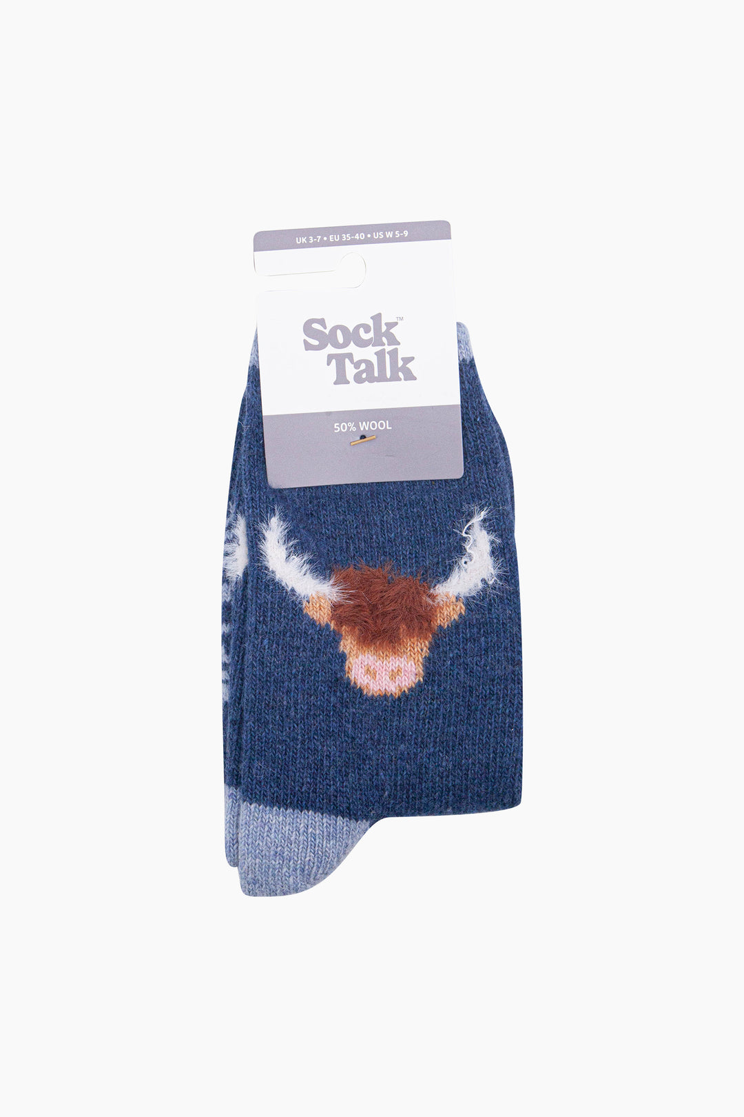 Highland-Cow-Wool-Fluffy-Element-Socks-in-Blue-In-Packaging