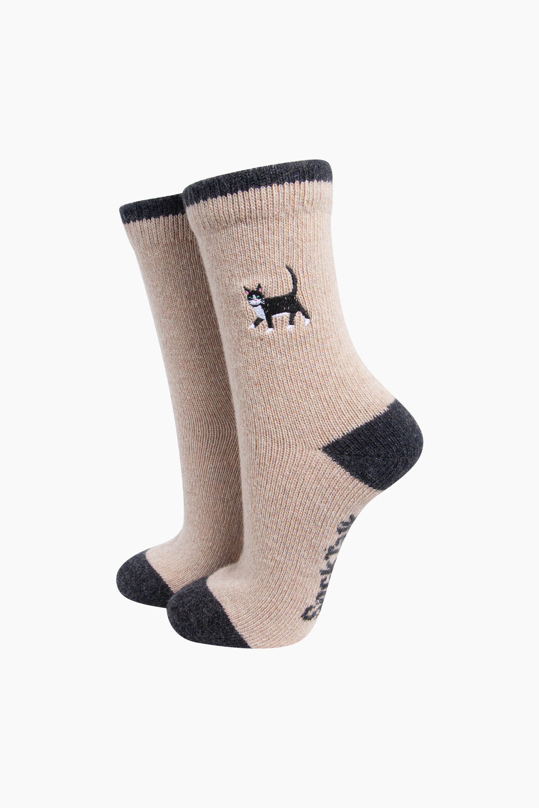 Black-Cat-Embroidered-Wool-Socks-in-Brown-On-Mannequin