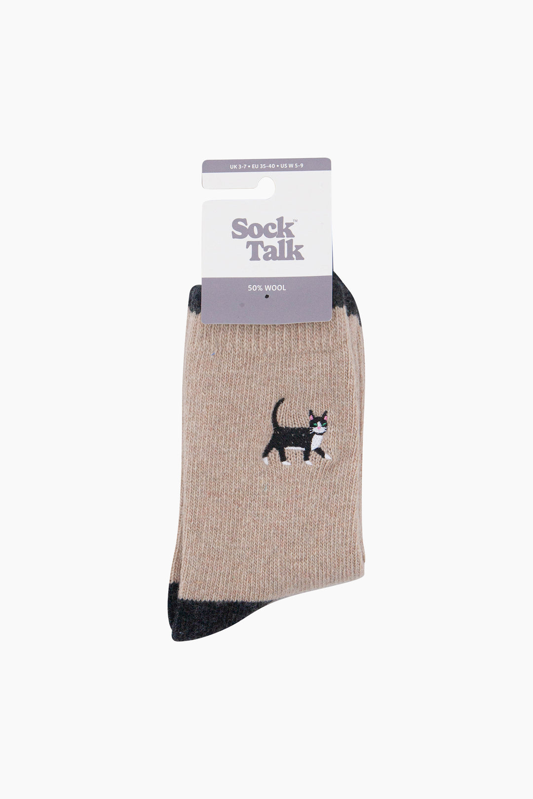 Black-Cat-Embroidered-Wool-Socks-in-Oatmeal-In-Packaging