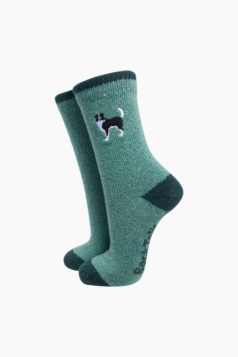 Collie-Dog-Embroidered-Wool-Socks-in-Green-On-Mannequin