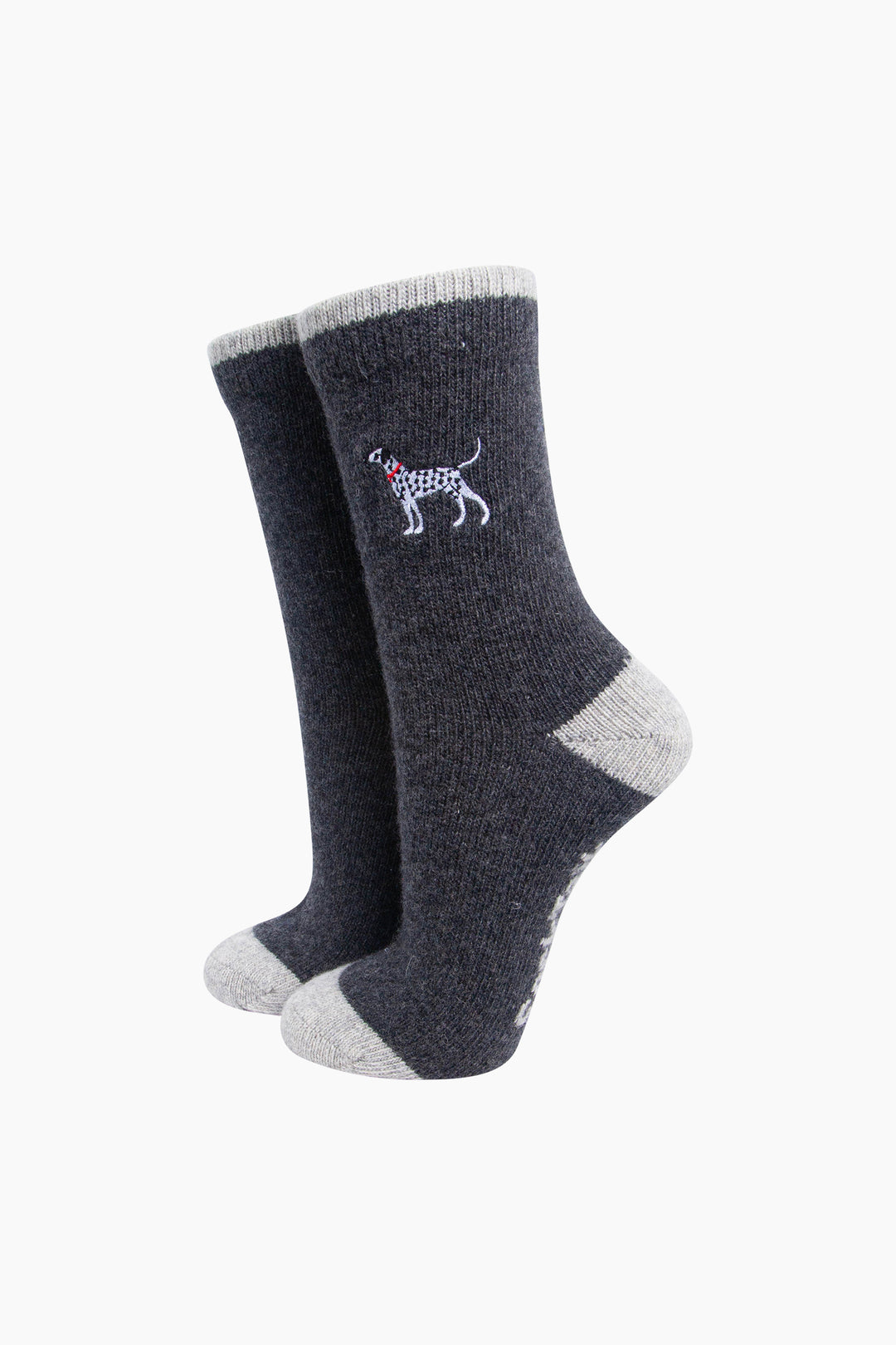 Dalmatian-Embroidered-Wool-Socks-in-Dark-Grey-Marl-On-Mannequin
