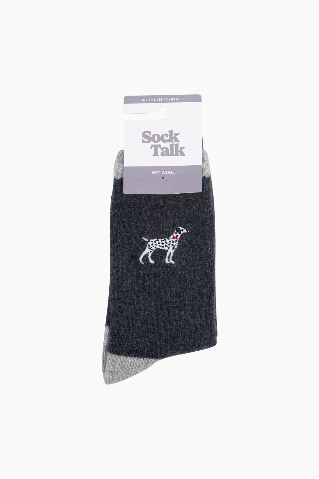 Dalmatian-Embroidered-Wool-Socks-in-Dark-Grey-Marl-In-Packaging