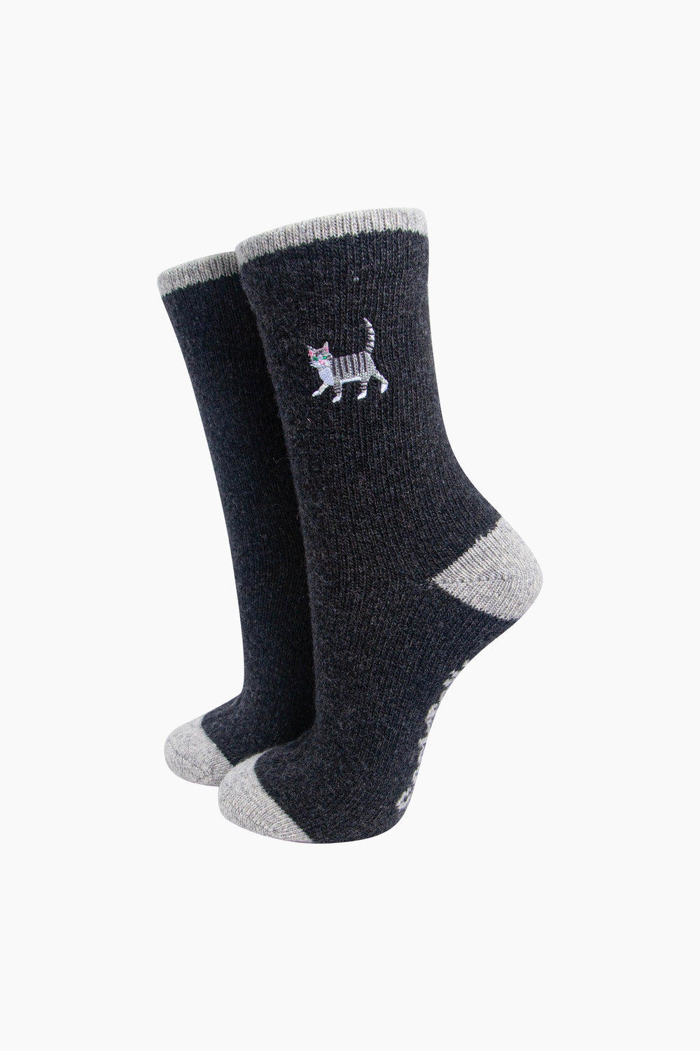 Grey-Cat-Embroidered-Wool-Socks-in-Charcoal-On-Mannequin