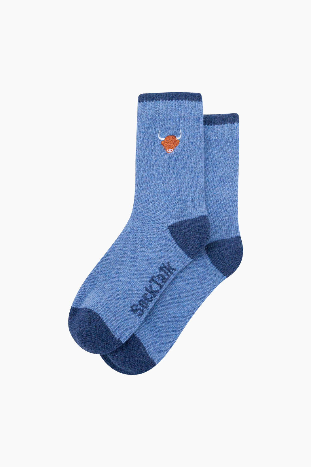 Highland-Cow-Embroidered-Wool-Socks-in-Denim-Blue-Laid-Flat
