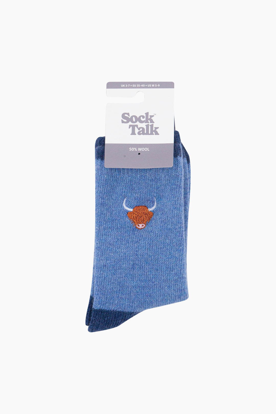 Highland-Cow-Embroidered-Wool-Socks-in-Denim-Blue-In-Packaging