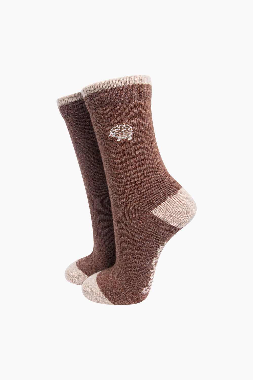 Hedgehog-Embroidered-Wool-Socks-in-Brown-On-Mannequin